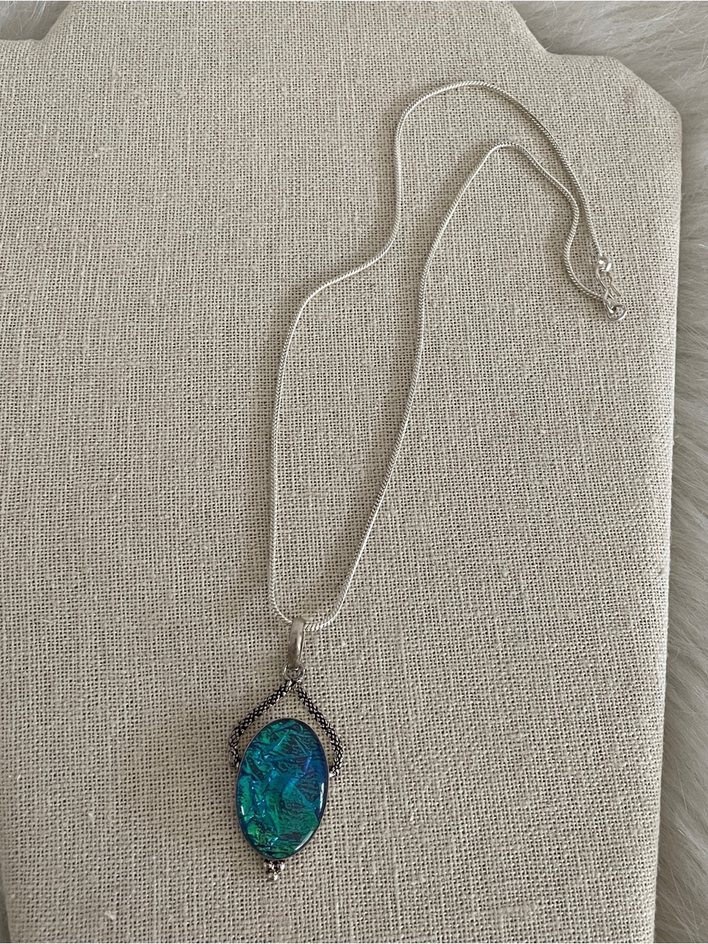 Silver Artisan Necklace snake chain with Blue-Green Iridescent Pendant
